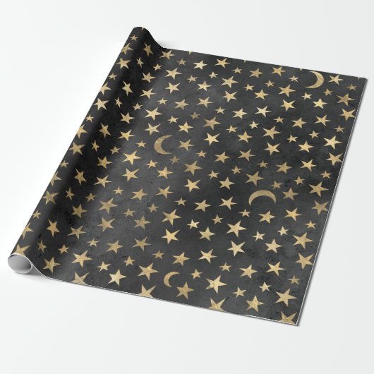 Gold Stars en Mons op zwart Cadeaupapier (Uitgerold)