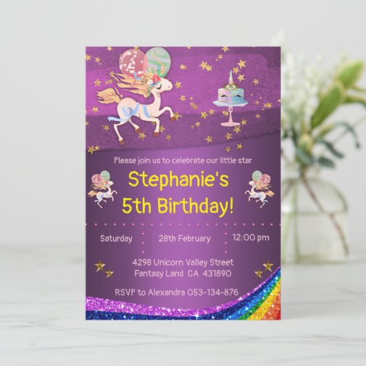 Gold Stars en Paarse Unicorn Birthday Kaart (Staand voorkant)
