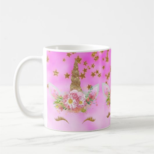 Gold Stars en roze Unicorn Koffiemok (Links)