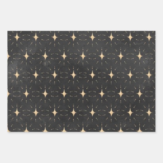 Gold Stars en Stardust op zwart Inpakpapier Vel (Voorkant 2)
