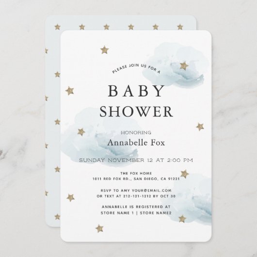 Gold Stars & Fluffy Clouds Baby shower Invitation Kaart (Voorkant / Achterkant)