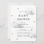 Gold Stars & Fluffy Grey Clouds Baby shower Kaart (Voorkant)