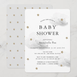 Gold Stars & Fluffy Grey Clouds Baby shower Kaart