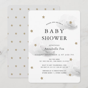 Gold Stars & Fluffy Grey Clouds Baby shower Kaart