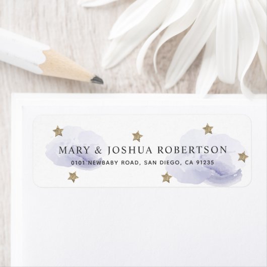 Gold Stars & Fluffy Lavender Clouds Address Etiket (Insitu)