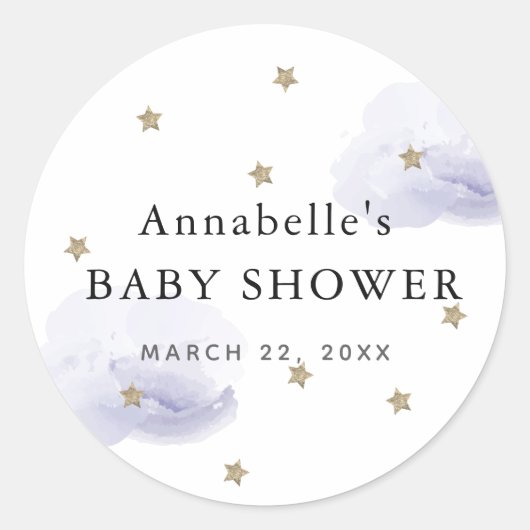 Gold Stars & Fluffy Lavender Clouds Baby shower Ronde Sticker (Voorkant)