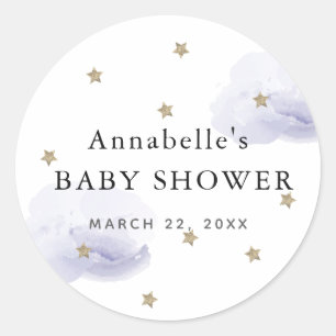 Gold Stars & Fluffy Lavender Clouds Baby shower Ronde Sticker