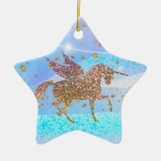 Gold Stars Glitter Flying Unicorn Paars Custom Keramisch Ornament (Voorkant)