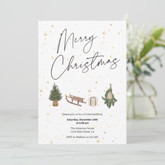 Gold Stars Kerstuitnodiging Kaart (Staand voorkant)