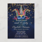 Gold Stars, kleurrijk Masque, Navy Blue Sweet 16 Uitnodiging Briefkaart (Voorkant)