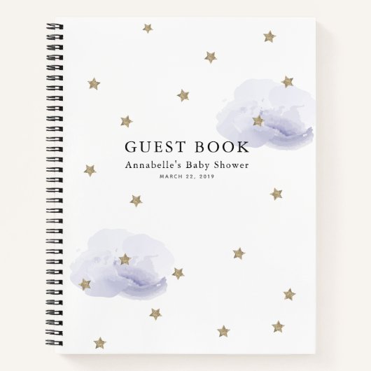 Gold Stars Lavender Clouds Baby shower Gastboek Notitieboek (Voorkant)
