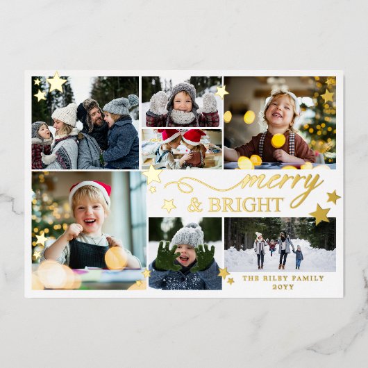 Gold Stars Merry & Bright 7 foto's Folie Feestdagenkaart (Voorkant)