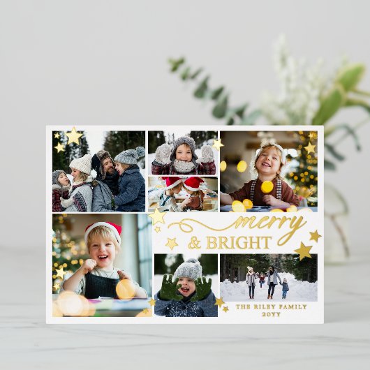 Gold Stars Merry & Bright 7 foto's Folie Feestdagenkaart (Staand Voorkant)