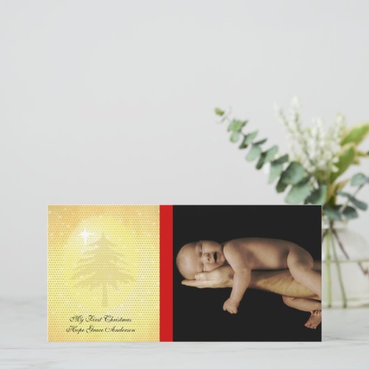 Gold Stars Mijn 1e Kerst Baby Fotokaart Feestdagenkaart (Staand voorkant)