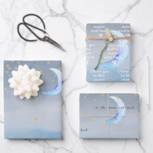 Gold Stars Moon Blue Ombre Inpakpapier Vel