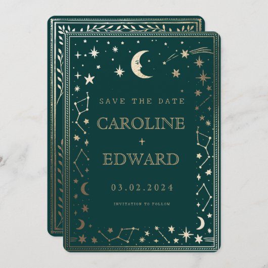 Gold Stars Moon Celestial QR Code Save the Date (Voorkant / Achterkant)