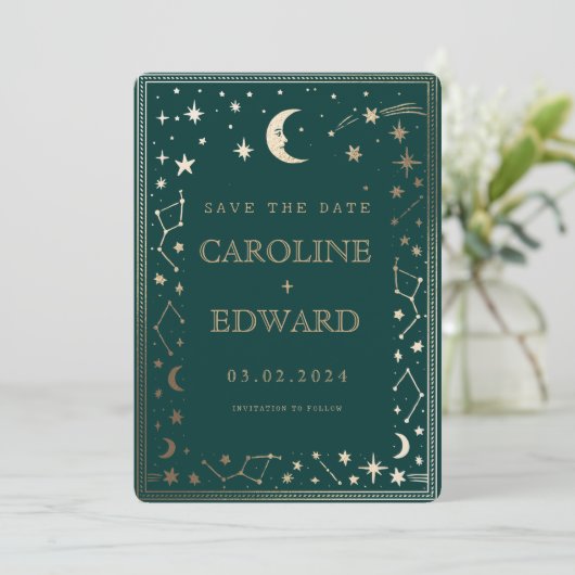 Gold Stars Moon Celestial QR Code Save the Date (Staand voorkant)