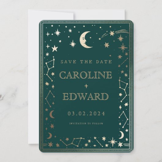 Gold Stars Moon Celestial QR Code Save the Date (Voorkant)