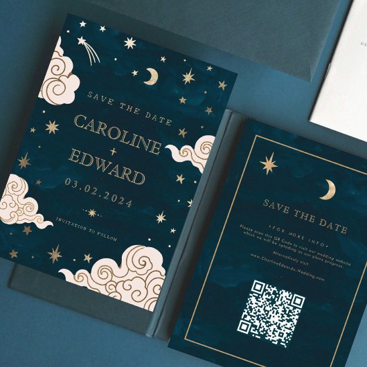 Gold Stars Moon Celestial QR Code Save the Date