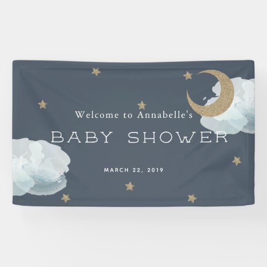 Gold Stars Moon Cloud Navy Blue Baby shower Banner (Horizontaal)