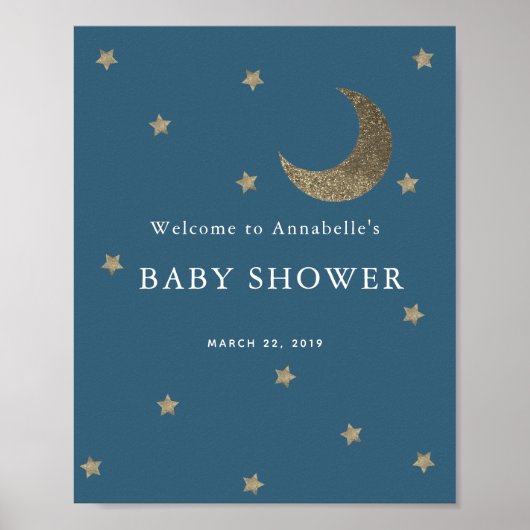 Gold Stars & Moon Navy Baby Shower Welcome Sign Poster (Voorkant)