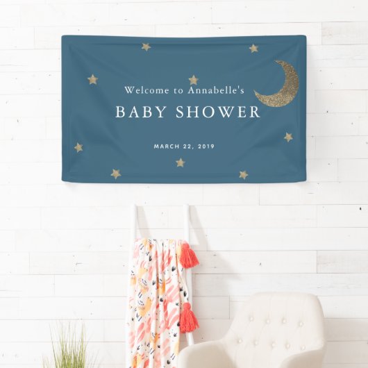 Gold Stars & Moon Navy Blue Baby shower Banner (Insitu)