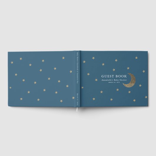 Gold Stars & Moon Navy Blue Baby shower Gastenboek (Volledig)