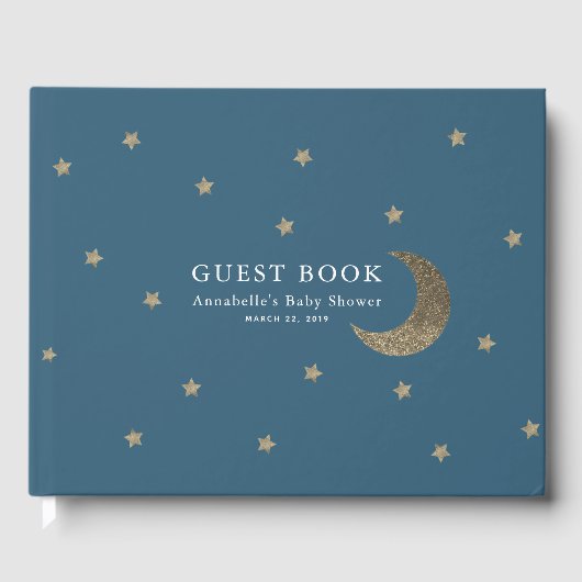 Gold Stars & Moon Navy Blue Baby shower Gastenboek (Voorkant)