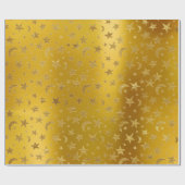 Gold Stars Moon Sky Metallic Mustard Yellow Cadeaupapier (Vlak)