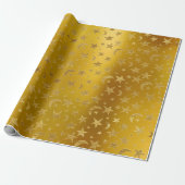 Gold Stars Moon Sky Metallic Mustard Yellow Cadeaupapier (Uitgerold)