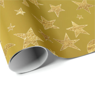 Gold Stars Moon Sky Metallic Mustard Yellow Cadeaupapier