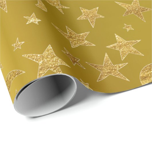 Gold Stars Moon Sky Metallic Mustard Yellow Cadeaupapier (Rol Hoek)
