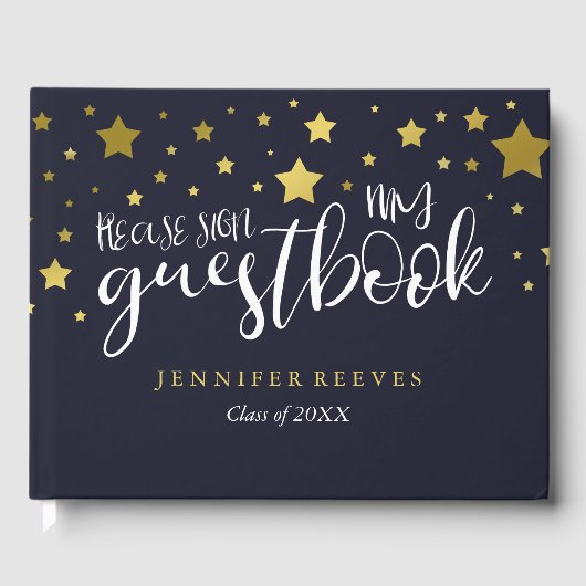 Gold Stars & Navy blauw Afstuderen Gastenboek (Voorkant)