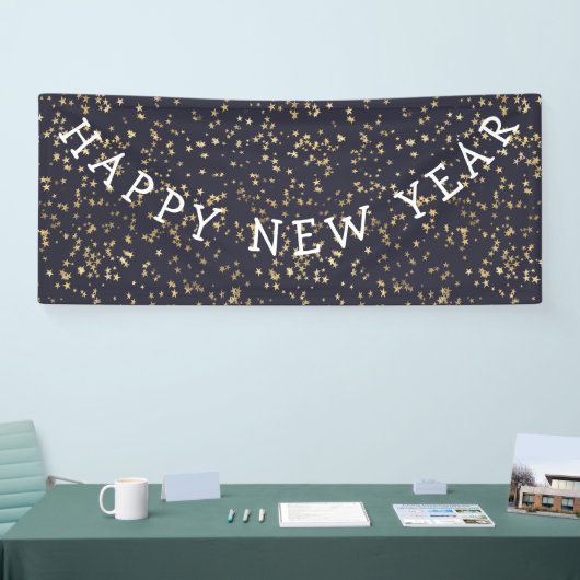 Gold Stars Navy Blue Gelukkig Nieuwjaar Spandoek (Beurs)