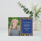 Gold Stars Navy Blue Photo Afstuderen Save Date Briefkaart (Staand voorkant)