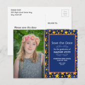 Gold Stars Navy Blue Photo Afstuderen Save Date Briefkaart (Voorkant / Achterkant)