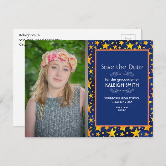 Gold Stars Navy Blue Photo Afstuderen Save Date Briefkaart (Voorkant / Achterkant)