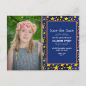 Gold Stars Navy Blue Photo Afstuderen Save Date Briefkaart (Voorkant)