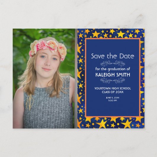 Gold Stars Navy Blue Photo Afstuderen Save Date Briefkaart (Voorkant)