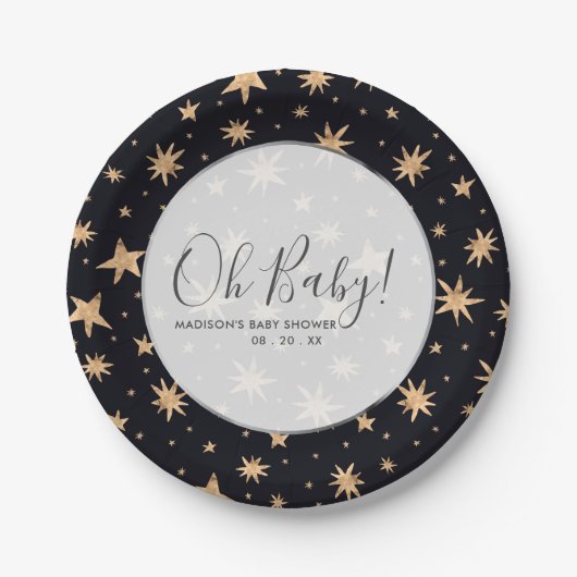 Gold Stars Navy Blue Space - aangepast Baby shower Papieren Bordje (Voorkant)