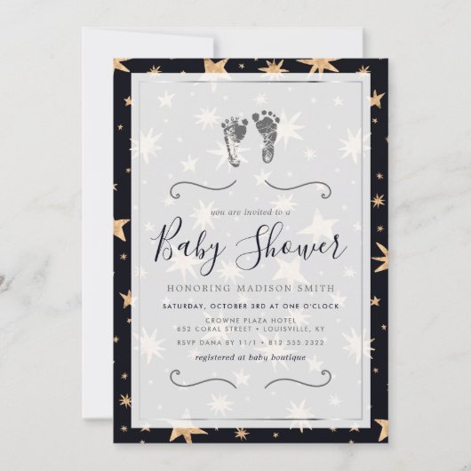 Gold Stars Navy Blue Trendy Starry Baby shower Kaart (Voorkant)