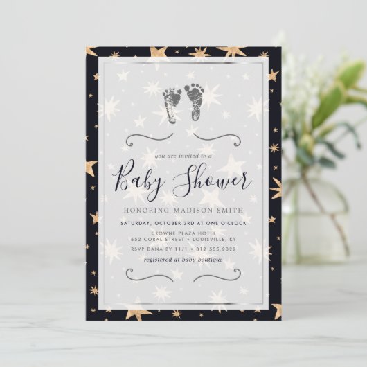 Gold Stars Navy Blue Trendy Starry Baby shower Kaart (Staand voorkant)