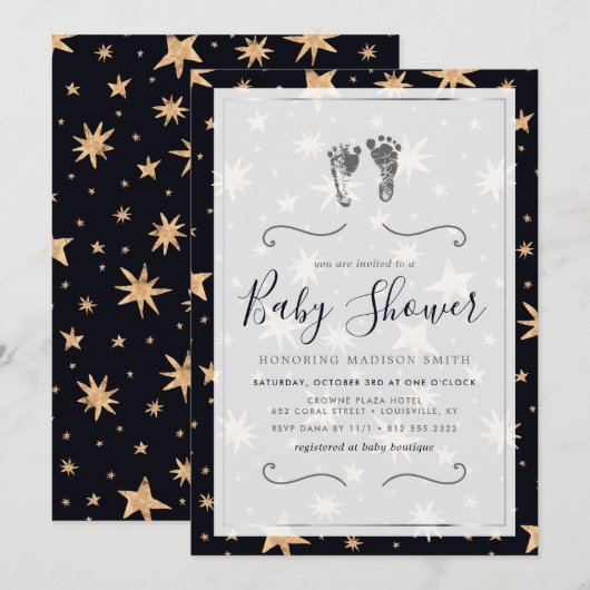 Gold Stars Navy Blue Trendy Starry Baby shower Kaart (Voorkant / Achterkant)