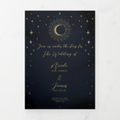 Gold Stars Night Celestial Sunburst Fotobruiloft Drieluik Uitnodiging (Cover)