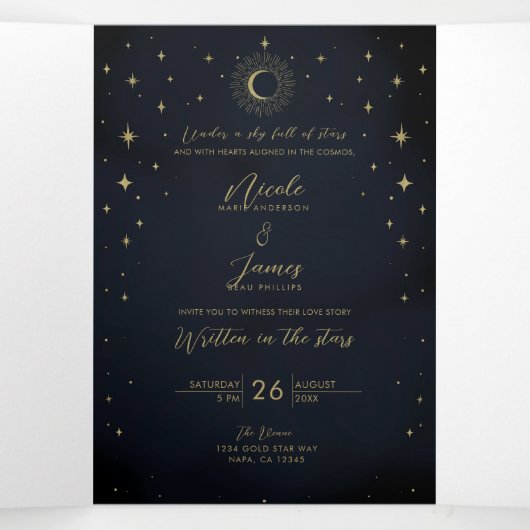 Gold Stars Night Celestial Sunburst Fotobruiloft Drieluik Uitnodiging (Binnenkant midden)