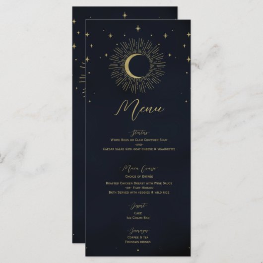 Gold Stars Night Sunburst Moon Wedding Menu (Voorkant / Achterkant)
