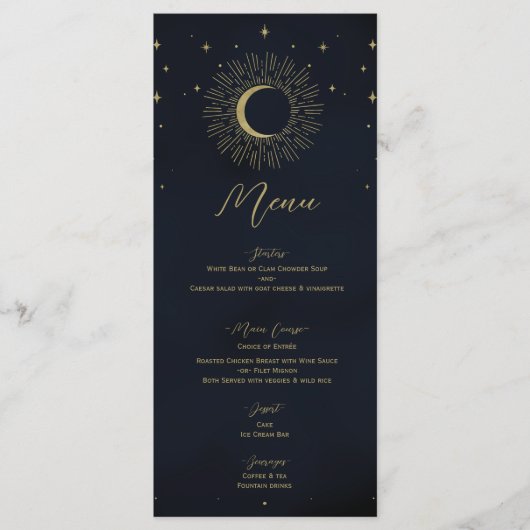 Gold Stars Night Sunburst Moon Wedding Menu (Voorkant)