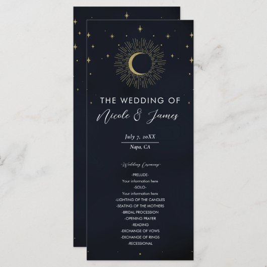Gold Stars Night Sunburst Moon Wedding Program Menu (Voorkant / Achterkant)