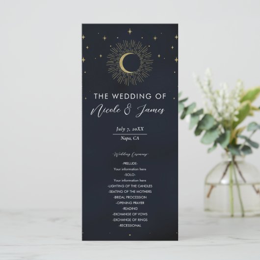 Gold Stars Night Sunburst Moon Wedding Program Menu (Staand voorkant)