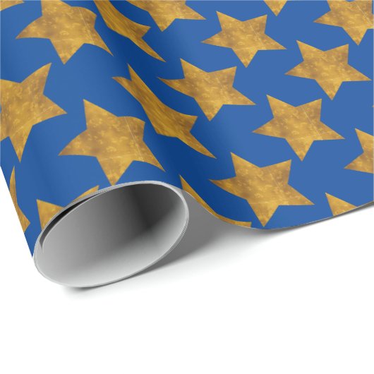 Gold Stars op blauw cadeaupapier (Rol Hoek)